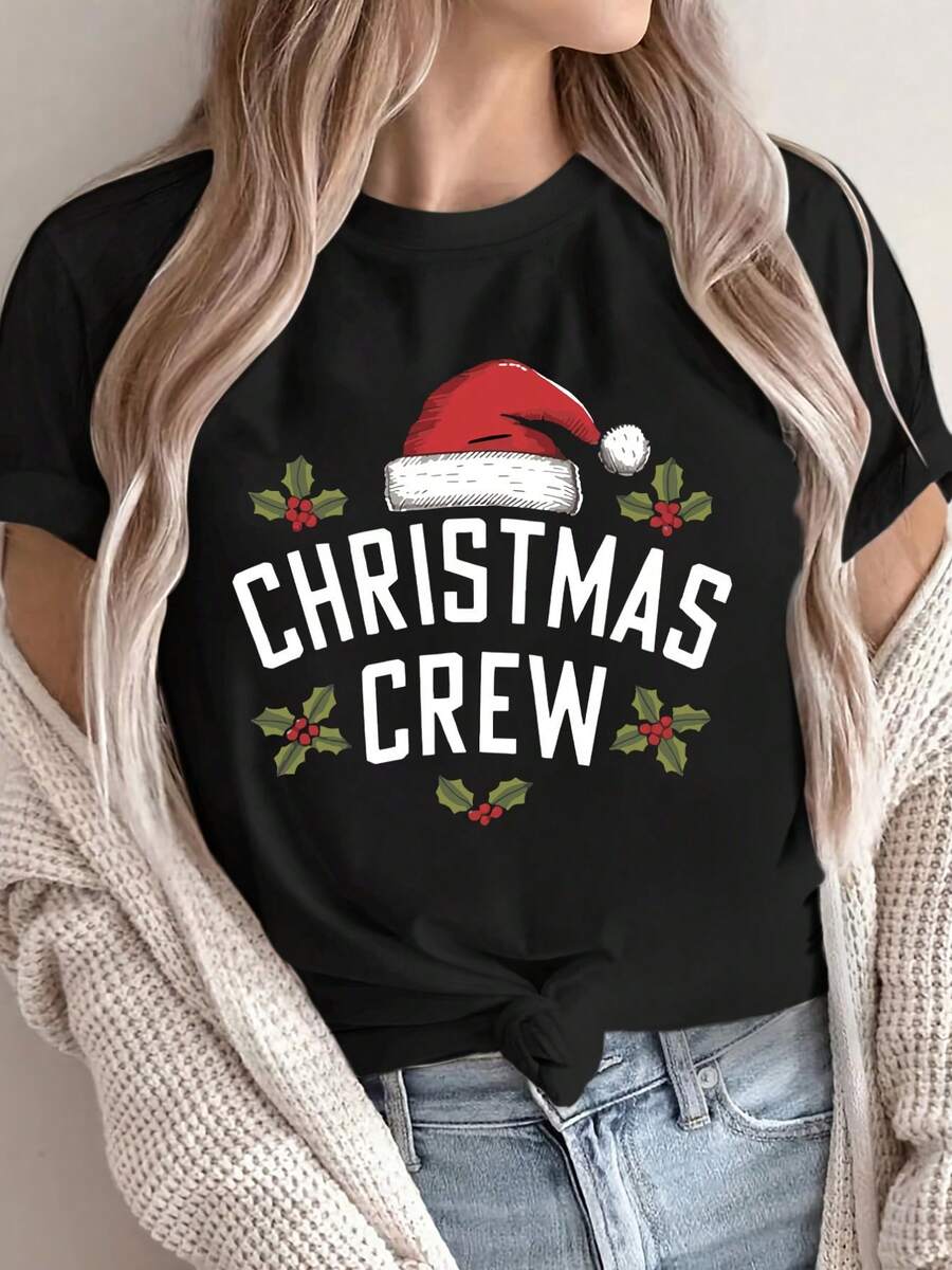 Camiseta De Manga Corta Para Mujer Con Estampado De Navidad - Top Casual De Cuello Redondo Con Frases De Feliz Navidad Y Año Nuevo, Blusa Lavable A Máquina Para Todas Las Estaciones, Ideal Para Fiestas, Regalos Y Atuendos Informales (Blanco/) - Oscuro - Ver 1