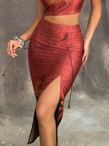 Faeriesty 女士新款中国风中长裙：常规腰线，侧开衩，纹理裂纹花卉印花，优雅流苏细节——完美适用于盛大晚宴、正式晚宴、商务宴会、婚宴及新年晚会等场合。 - 紅木色 - 查看 5