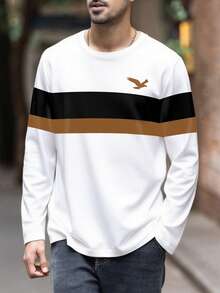 Jesienna nowość, kontrastowy kolor, okrągły dekolt, luźny T-shirt z długim rękawem dla mężczyzn, styl biznesowy, jesień