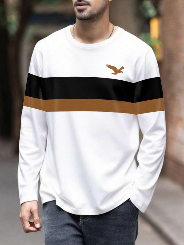 Jesienna nowość, kontrastowy kolor, okrągły dekolt, luźny T-shirt z długim rękawem dla mężczyzn, styl biznesowy, jesień