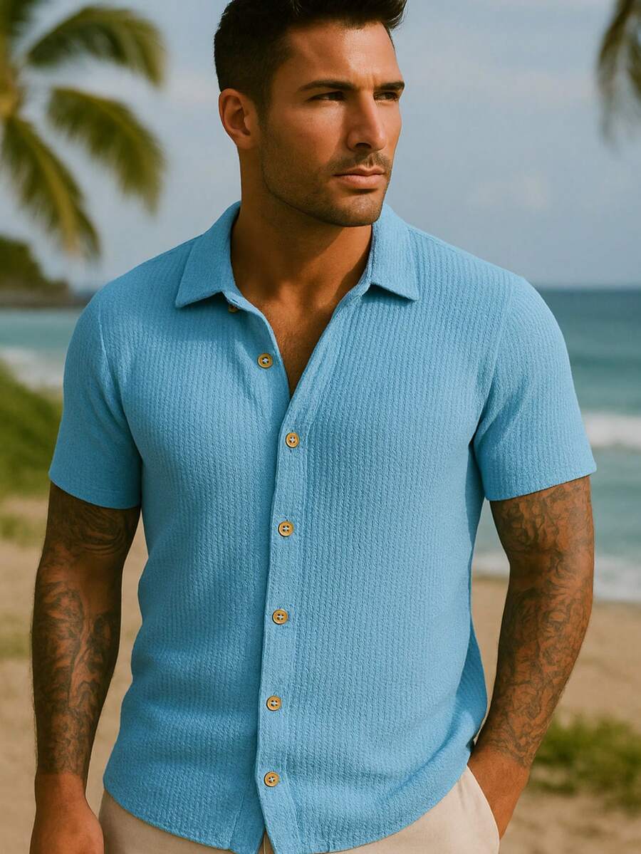 Men's Casual Textured Knit Shirt With Buttons - Stylish And Comfortable Casual Shirt - 淺藍色 - 查看 1
