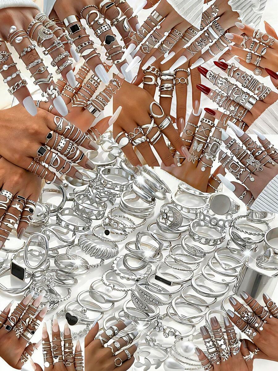 45/22pcs Vintage Elegant Bohemian Geometric Multi-Element Design Women Metal Ring Set, Suitable For Daily And Party Wear (Random Delivery)