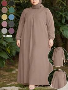 Plus Size Arabic Style Long Sleeve Round Neck Woven Robe, Long Regular Hem With Pockets, Dignified And Elegant Abaya Robe Spring - Khaki - View 1