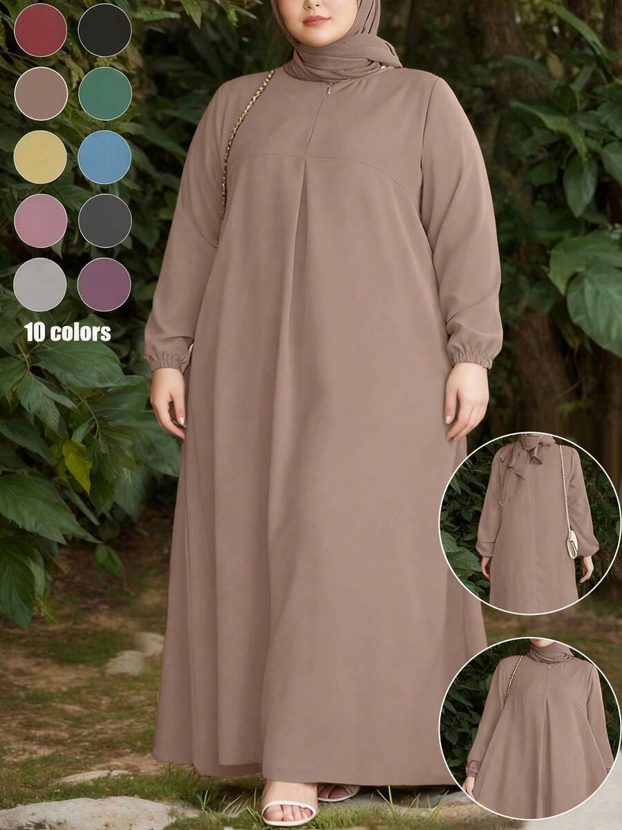 Plus Size Arabic Style Long Sleeve Round Neck Woven Robe, Long Regular Hem With Pockets, Dignified And Elegant Abaya Robe Spring - Khaki - View 1