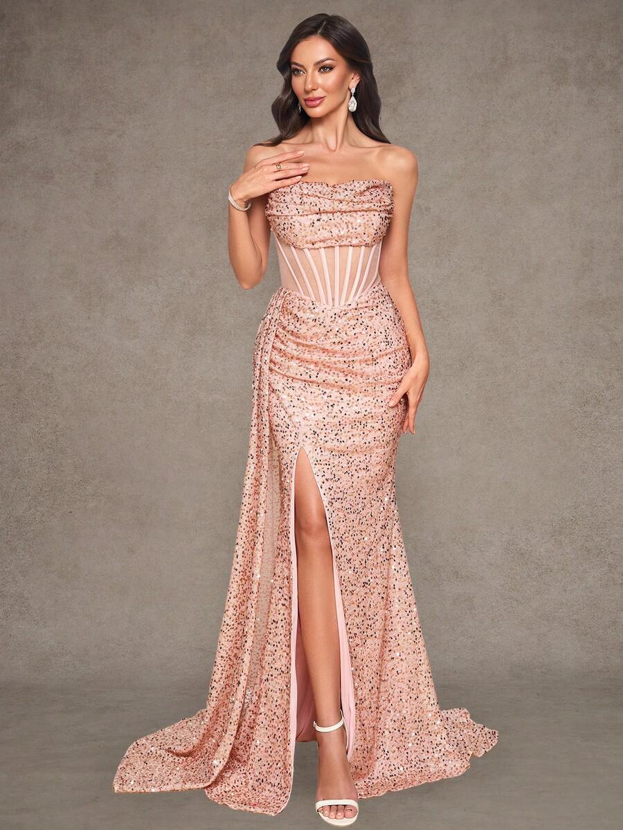 Elegant Solid Color Party Slit Sequin Mermaid Formal Gown With Tie, Suitable For Formal Occasions, Weddings
