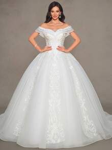 Women's Off-Shoulder Elegant Lace Ball Gown Wedding Dress, Formal Floor-Length Bridal Gown - White - View 1