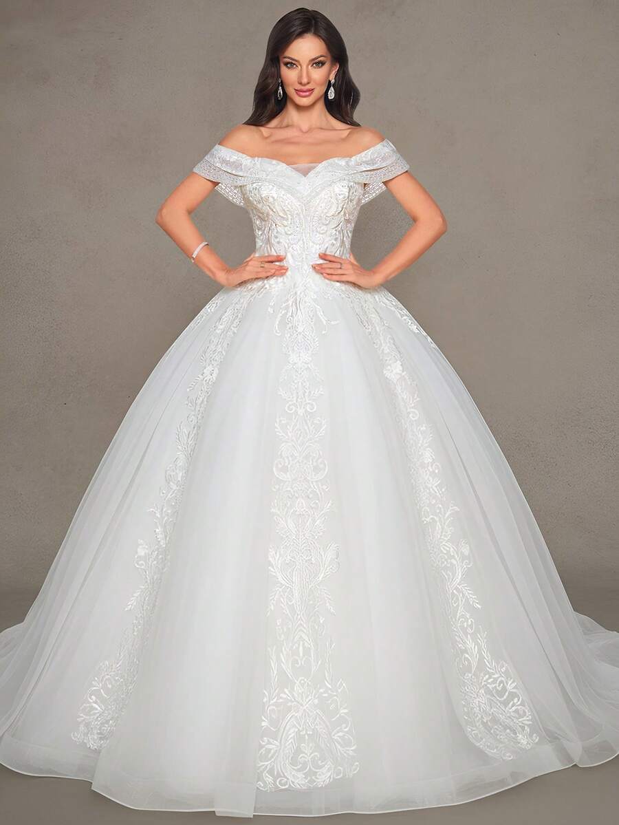 Women's Off-Shoulder Elegant Lace Ball Gown Wedding Dress, Formal Floor-Length Bridal Gown - White - View 1