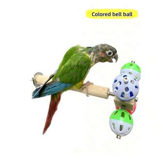 1pc Wooden Bird Perch With Rotating Bell Ball, Bird Cage Accessory, Suitable For Cockatiel, Mynah Bird