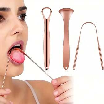 Rose-Golden Tongue Scraper Set-Pack Of 3, Bad Breath Treatment For Adults & Kids, Tongue Cleaner For Oral Care, Tongue Brush Suitable For All Types Of Tongue Coating