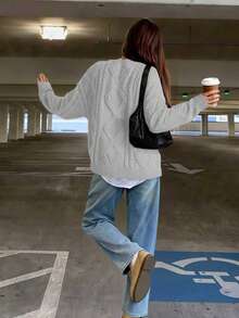 FOR BEAUTY Autumn And Winter New Round Neck Twisted Flower Long Sleeve Knitted Sweater Tops Women Loose Light Gray Simple Fashion Commuting Style Women's Sweater Light Gray Long Sleeve Casual Lazy Style Warm Top New Year