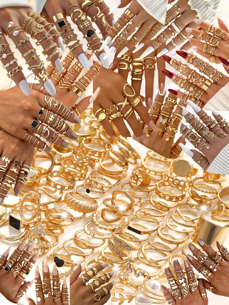 45/22件套复古优雅波西米亚几何多元素设计女士金属戒指套装，适合日常和派对佩戴（随机发货）