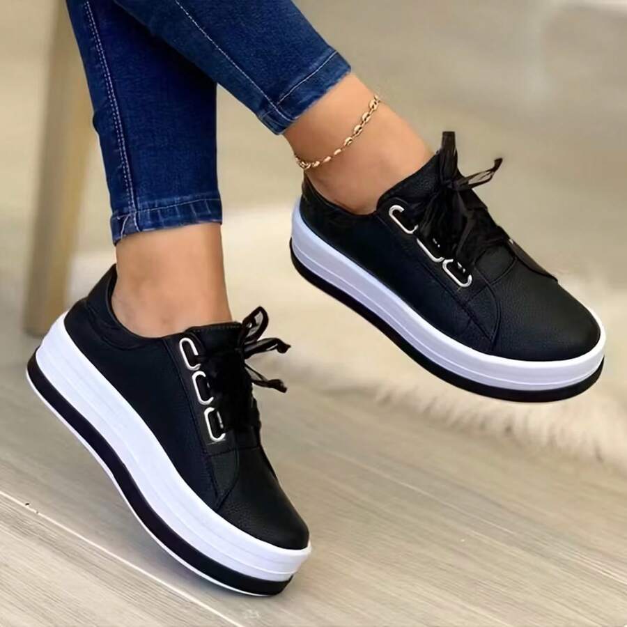 Women's Versatile Sneakers, Comfortable, Stylish, Casual Solid-Color Outerwear Shoes, Lightweight Casual Athletic Shoes. - 黑色 - 查看 1