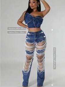 Ladies' Sexy And Personalized Denim Pants, Perforated, Pearl Decoration, Suitable For All Seasons, Tight And Elastic, Thanksgiving Outfit Women,Cocktail Party, Party, Christmas, Nightclub, Banquet, Film Festival, Cinema, Dance Party, Cocktail Party, Bar, Wedding, Graduation Ceremony, Back-To-School, Birthday Party, Rebellious Girl, Festival-Themed Party, Outwear, Street Fashion, Fashion Show, Date, Easter, Mother's Day, Going To Work At University, School, Village, Concert, Street Girl, Young Girl, Country Outfits For Women, Best Outwear For Women, Women's Vacation Clothing, Country Concert Outfit, Country Outfits For Women, Streetwear, Concert Outfit For Women, Boho Women's Clothing, Country Concert Outfit, Concert Outfits, Vaquera Outfit, Y2K Clothes, Women's Club Outfits, Y2K Women's Clothes, Women's Clothing, Country Concert Outfit For Women - Dark Blue - Xem 4