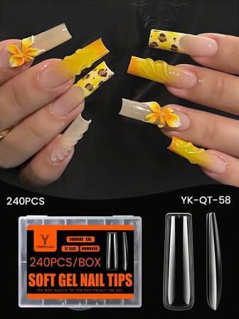 YOKEFELLOW 240 piezas de uñas postizas, puntas de uñas extra largas en forma de stiletto XXL/ataúd XXL/óvalo largo/cuadrado XXL/stiletto largo/stiletto curvo largo de cobertura completa transparente, puntas de uñas de gel suave extra largas para extensiones de uñas, para uso en el hogar, salón de uñas DIY y como regalo para mujeres, niñas y fiestas