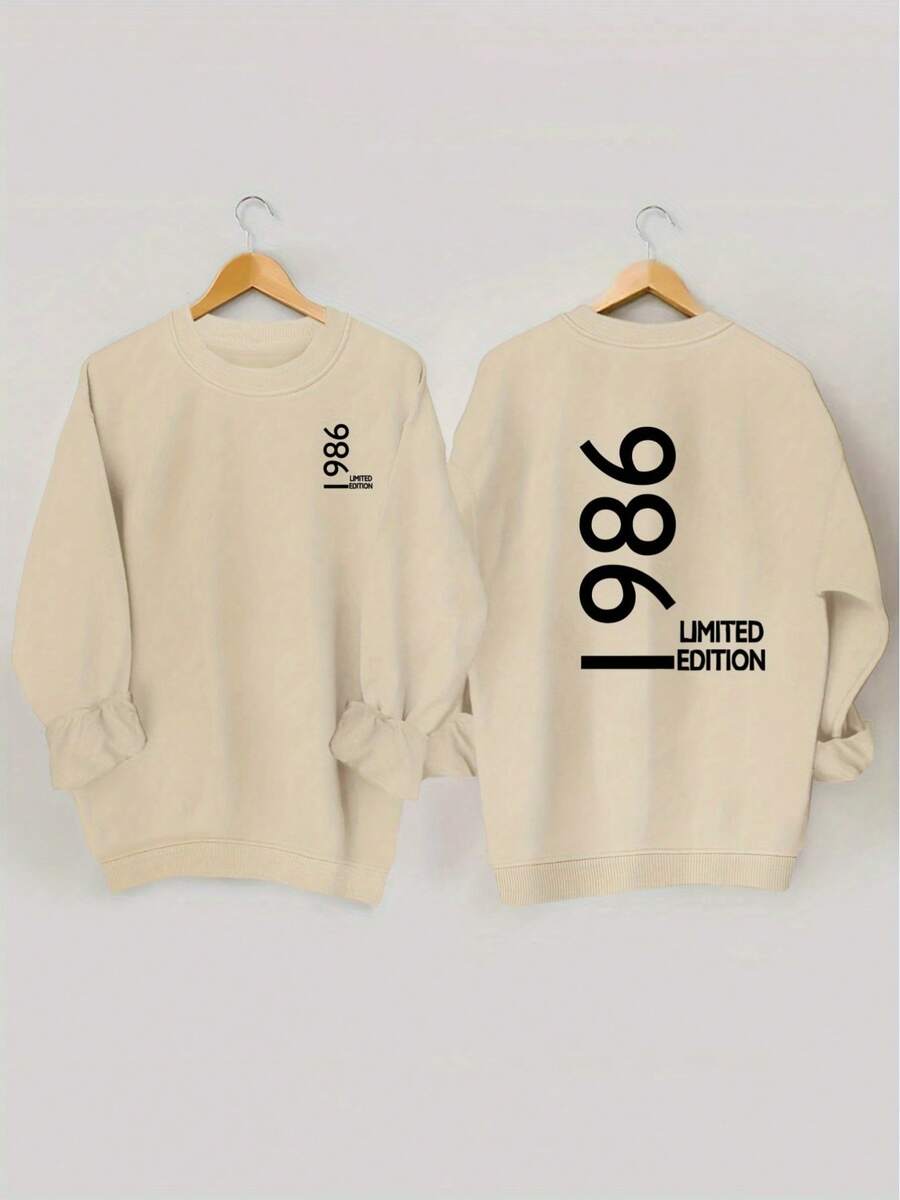 Women'S 1986 Limited Edition Double-Sided Print Sweatshirt - Olive Green Casual Pullover With Bold Black Number Design, Soft Polyester Blend For Fall & Winter, Ladies Sweaters - 墨綠色 - 查看 1