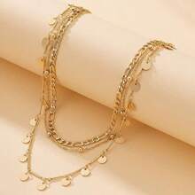 1件装时尚个性化圆形吊坠三层链项链（可定制长度，吊坠和珠子的数量可能有所不同） - 金黃色 - 查看 3