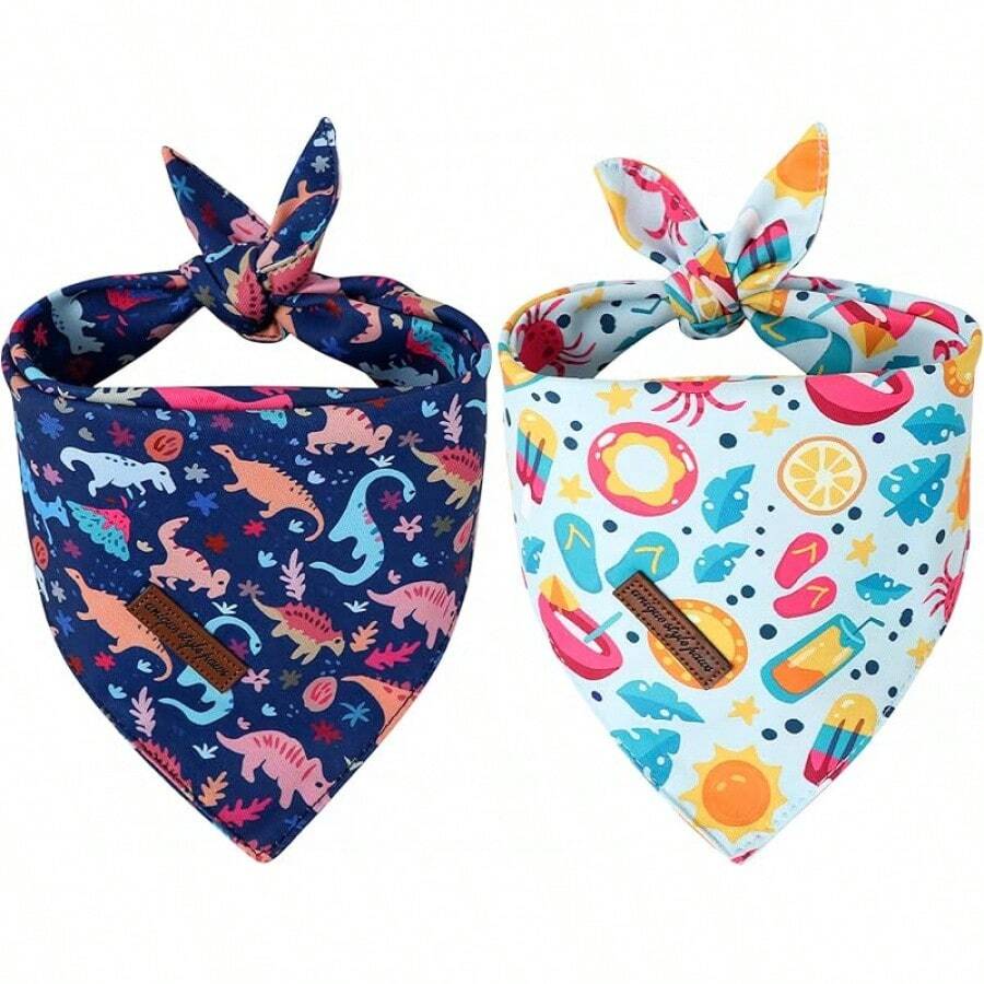 Style Paws Dog Spring Bandanas 2Pcs Washable Cotton Triangle Summer Lemon Dinosaur Puppy Scarfs For Small Medium Large Dogs And CatsChristmas - Khủng long cua chanh - Xem 1