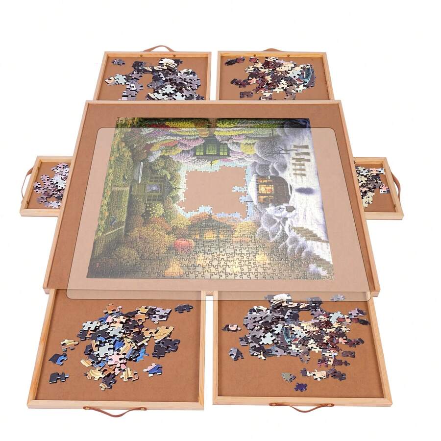Rotating Puzzle Table With 6 Drawers & Cover, 1500-Piece Wooden Jigsaw Puzzle Board – 35"X27", Perfect Gift For Puzzle Lovers - 棕色 - 查看 1