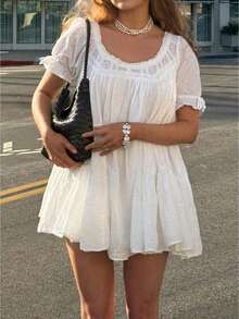 Baby Doll Mini Dress For Women Summer Solid Color Loose Bubble Short Sleeve Scoop Neck Dress - 白色 - 查看 2