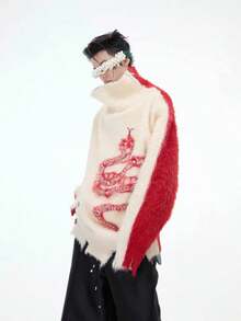 Autumn And Winter Styles, New Styles, Christmas Red Sweater, Faux Mink Fur, Snake, Pearl Embellishment, Fashionable, Contrasting Colors, Diagonal Zipper, Casual, Street Style, Handsome, Sweater, High Neck, Plush, Men's Sweater, Men's Top - 紅色 - 查看 3