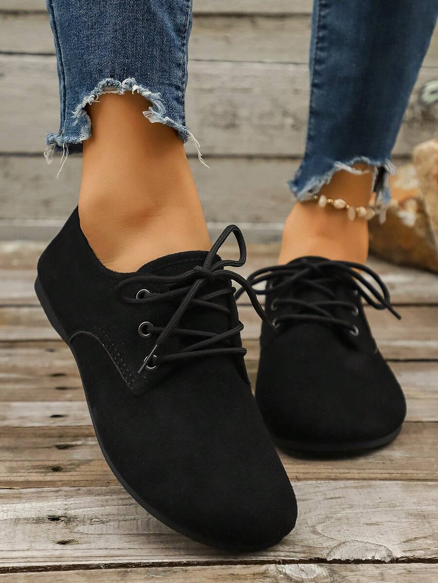 新款系带尖头女士平底鞋，透气豹纹休闲鞋，橡胶软底 - 黑色 - 查看 1