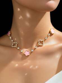 1pc Elegant Rhinestone Inlaid Imitation Natural Pink Shell Hollow Clover Necklace For Women - Multicolor 1 - View 1