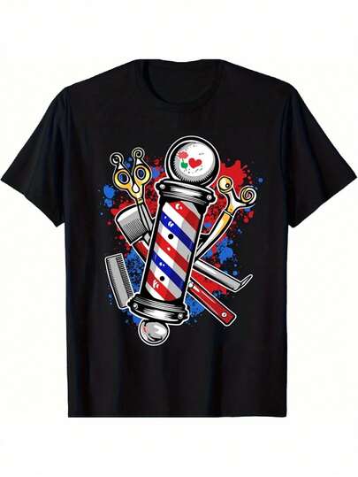 Men's Barber Pole & Barber Tools Graphic T-Shirt - Vintage Barber Shop Design with Scissors, Razor, Comb & Pole - Relaxed Fit Casual Crew Neck Short Sleeve Tee for Barber Stylists, Daily Wear & Barber-Themed Events