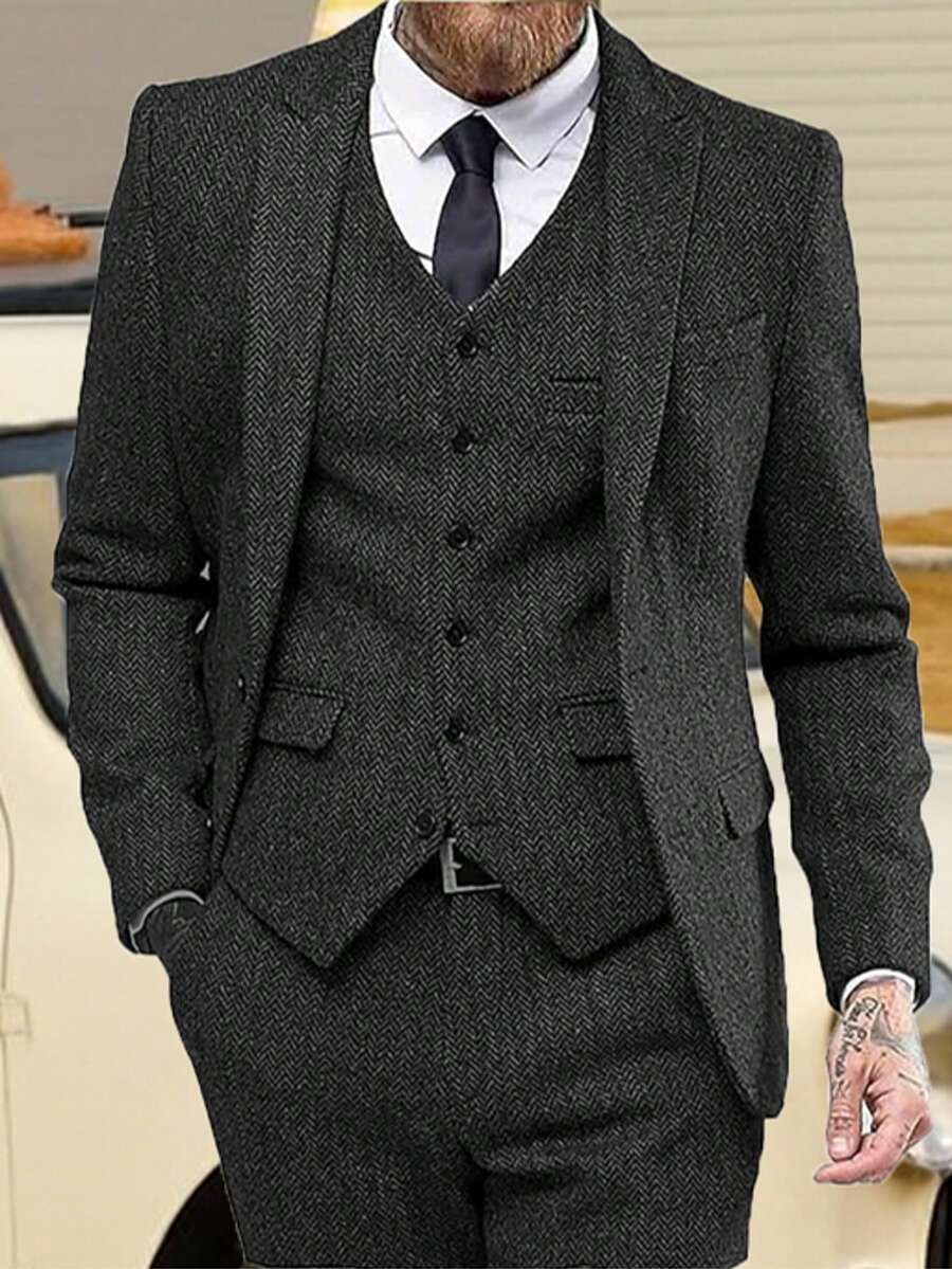 Mens Herringbone Tweed Suit 3 Piece Suit Two Buttons Wool Suits 1920's Themed Wedding Suit Prom Tuxedos Blazer Dress Formal Business Party Jacket Vest Waistcoat For Groom - màu đen - Xem 1