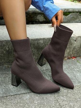 Autumn/Winter New Women's Fashion Casual Sock Boots, Sexy Brown Knitted Ankle Boots With Pointed Toe And Chunky Heel Design, Comfortable Soft Dress Boots, Women's Elastic Boots In Merlot Color, Non-Slip Rubber Sole Western Style, Stretchy Fashionable Elegant Party Boots For Plus Size, Easy To Wear And Match Daily Outfits, Thick Heel Boots, Popular Must-Have Item, Suitable For Party, Street Style, Minimalist Style, Skinny Boots, Black, Red, Brown Boots