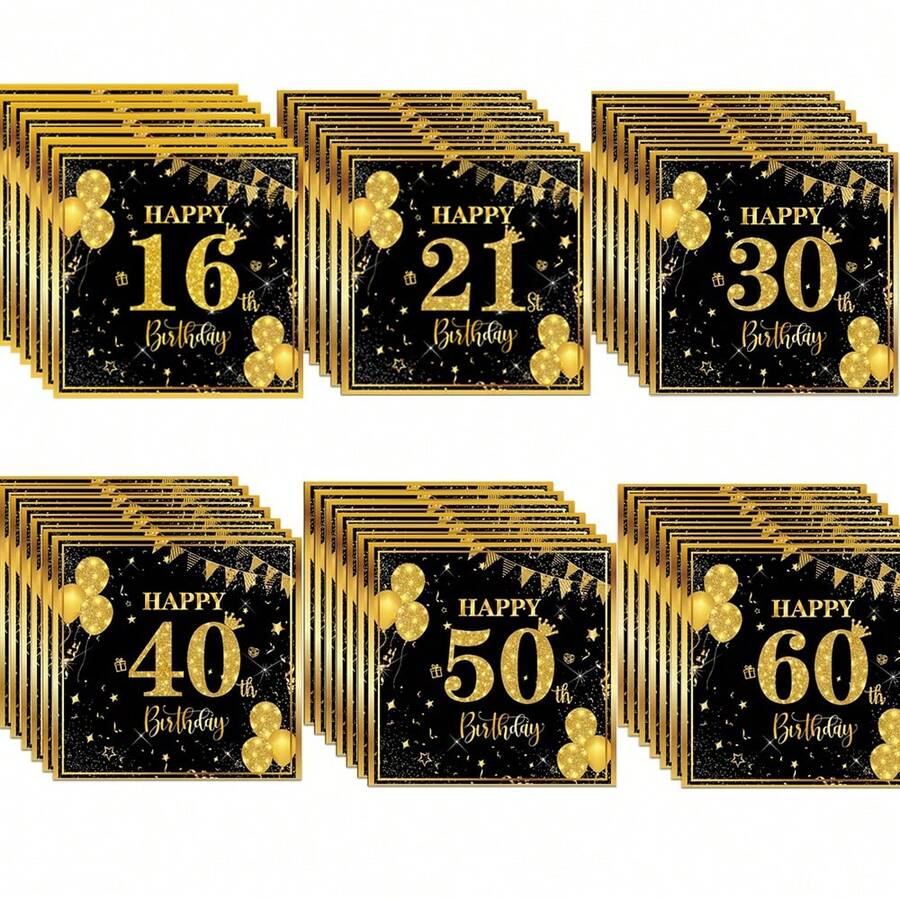20pcs/40pcs/60pcs/100pcs,6.5-Inch Tissues, Birthday Napkins For 16, 21, 30, 40, 50 And 60 Years Old, Black And Gold Cocktail Drink Napkins, Black And Gold Disposable Party Napkins Are Suitable For Decorative Tissue Products For Parties, Birthdays, Anniversaries, And Special Birthdays Such As Christmas, Halloween, Easter, Thanksgiving, Etc - Multicolor - View 1