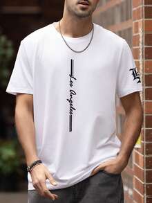 Men's Personalized Street Fashion Minimalist Letter Print Short Sleeve T-Shirt, Comfortable Breathable, For Summer Wear - White - View 3