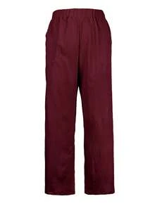 Women's Solid Color Elastic Waist Casual Wide Leg Pants - Burgundy - View 3