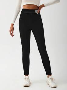 女士休闲保暖打底裤，加厚慢跑裤高腰保暖紧身裤 - 黑色 - 查看 8