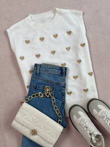 Women's Casual Crew Neck Sleeveless Heart Pattern Knit Pullover Sweater, Versatile For Spring, Summer, Autumn - White - View 4