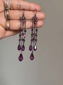 A Pair Of Elegant And Retro Long Purple Crystal Beaded Tassel Earrings - 紫色流蘇耳環 - 查看 6