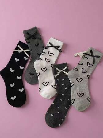 5 Pairs Heart Pattern Mid-Calf Socks For Women, Korean Style Bow Decor Long Socks, Gray Ribbon Socks, Random Delivery