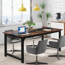 LITTLE TREE Rustic Black Modern Desk 63x31.5 Inch – Large Computer Workstation For Home Office, Study & Workspace - Brown - View 5