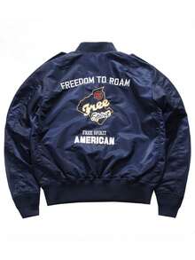 Men's Military Style Bomber Jacket With Patches, Tactical Flight Jacket, Embroidered Badge Varsity Jacket For Casual Outdoor Wear - 寶藍色 - 查看 2