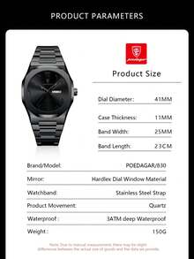 POEDAGAR 1pc Business Men's Stainless Steel Quartz Date Week Watches, 30M Water Resistance Function, Fashion Man Wristwatch Suitable For Work Occasion, Birthday Gifts For Men - Black - View 8