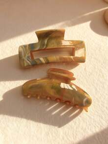 2个装女士醋酸纤维扎染纹理发夹，简约休闲百搭优雅复古清新时尚塑料长方形和半圆形发饰，适合日常佩戴，优雅爪夹，时尚发爪，休闲发夹，夏季海滩度假必备 - 彩色 - 查看 12