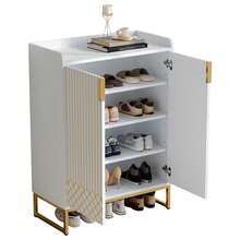 Meuble à chaussures avec pieds en métal doré et portes en MDF, meuble de rangement pour entrée, chambre, salon, blanc - Blanc - Voir 7