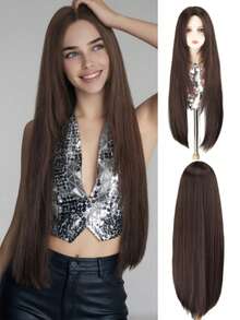 36英寸女士超长棕色直发假发，耐热合成假发 - 柔软自然长假发，适合角色扮演，酷炫棕色假发 - 棕色 - 查看 15