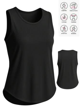 女士黑色无袖圆领运动背心，轻盈透气柔软面料，适合健身/跑步/瑜伽/户外活动