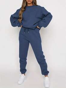 Women's Fall/Winter Fashionable Sportswear Set – Fleece-Lined For Warmth, Suitable For Fitness, Casual Running, And Training. The Loose, Stretchy Design Makes It A Must-Have For Everyday Wear After Workouts. This Two-Piece Set, Consisting Of A Sweatshirt And Trousers, Can Be Worn As Winter Sportswear, Loungewear, Or A Casual Outfit. The Classic Black Color Offers Excellent Warmth, Meeting Diverse Needs For Both Sports And Everyday Life. - 藍色 - 查看 5