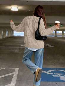 FOR BEAUTY 秋冬新款圆领扭结印花长袖针织衫，女士宽松杏色简约通勤风毛衣，女士杏色长袖休闲上衣，新年 - 深杏 - 查看 3