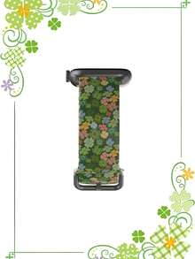 一条印有四叶草图案的硅胶智能手表表带。这款通用型 20-22 毫米表带具有广泛的兼容性：兼容华为 Watch GT3/GT4、三星 Galaxy Watch6 以及 Series 1 至 Series 9、SE 和 Ultra（表壳尺寸 38-49 毫米）。