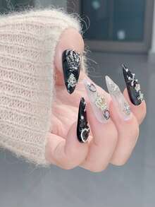 万圣节 10 件/套长杏仁形指甲贴，黑白扎染，金色金属星，新月，饰钉，蝴蝶，链条装饰，哥特朋克风格，适合角色扮演、派对、日常穿着，男女通用按压式指甲美甲用品