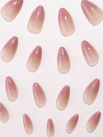 24pcs Short Almond Shaped Press-On Nails, Pink Ombre Glitter Design Manicure Set With Jelly Gel And Filer, Easy To Wear Nail Art And French Manicure Suitable For Women And Girls For Daily, Party Use