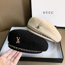 A High-End Metal Rabbit Beret For Women With Autumn And Winter Retro Style Chain Decoration, Versatile And Eye-Catching Small Artist Hat, Suitable For Wearing In Autumn And Winter Seasons And Daily Commuting - Coffee Brown - View 7