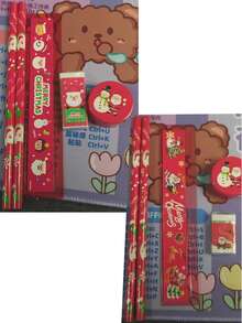 5pcs Christmas Stationery Set - Pencil, Eraser, Pencil Sharpener, Ruler, Zipper Pouch, Student Supplies Holiday Gift